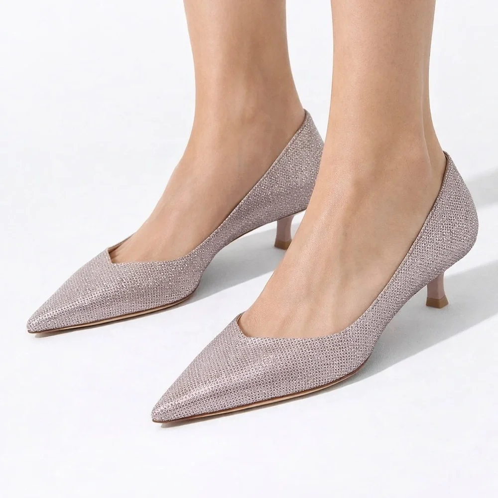 Stuart Weitzman Eva 35 Kitten Heel Metallic Mesh Pump Rose Pink Pointed Toe 6B